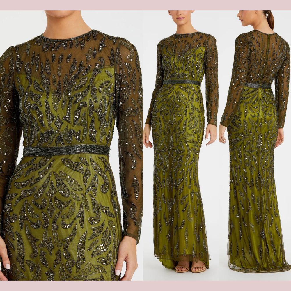 NWT $598 Mac Duggal [ 2 ] 5124 Beaded Long Sleeve Evening‎ Gown Olive Green